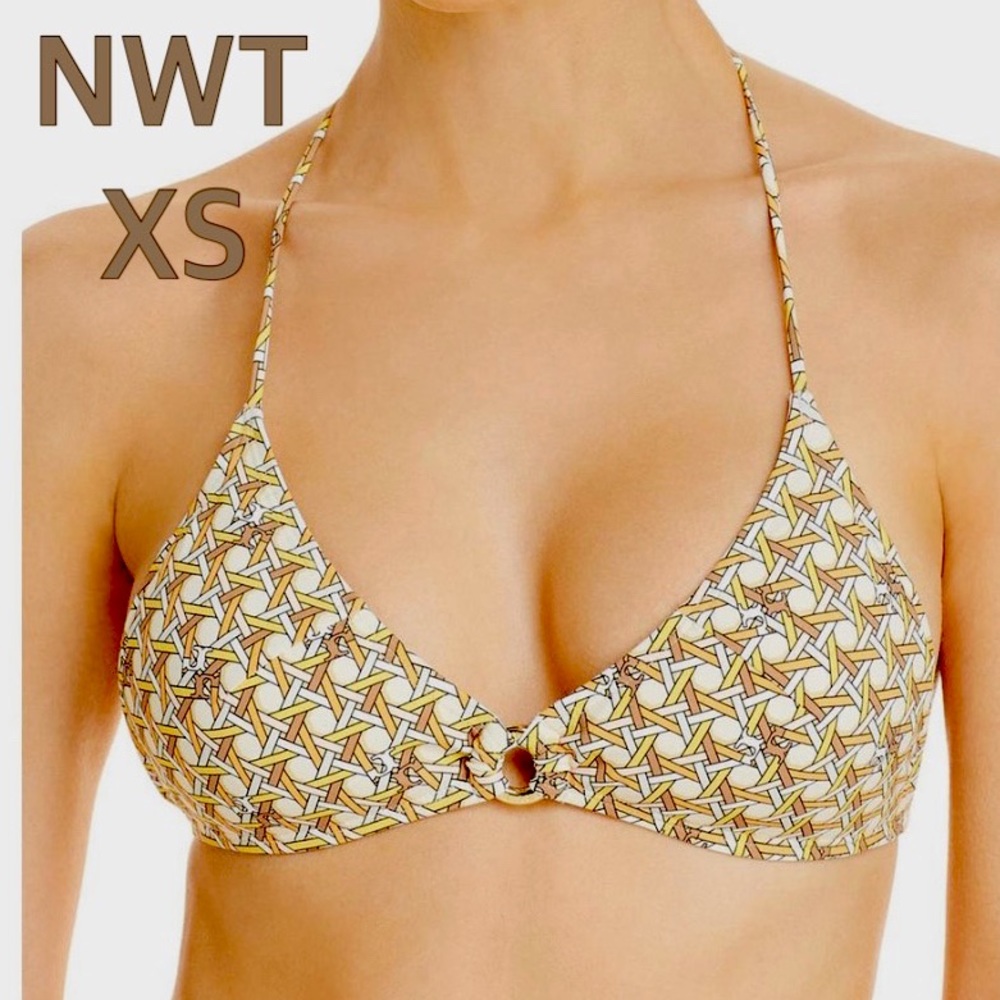 NWT (XS) Tory Burch buttermilk basketweave all new string bikini top hoop halter